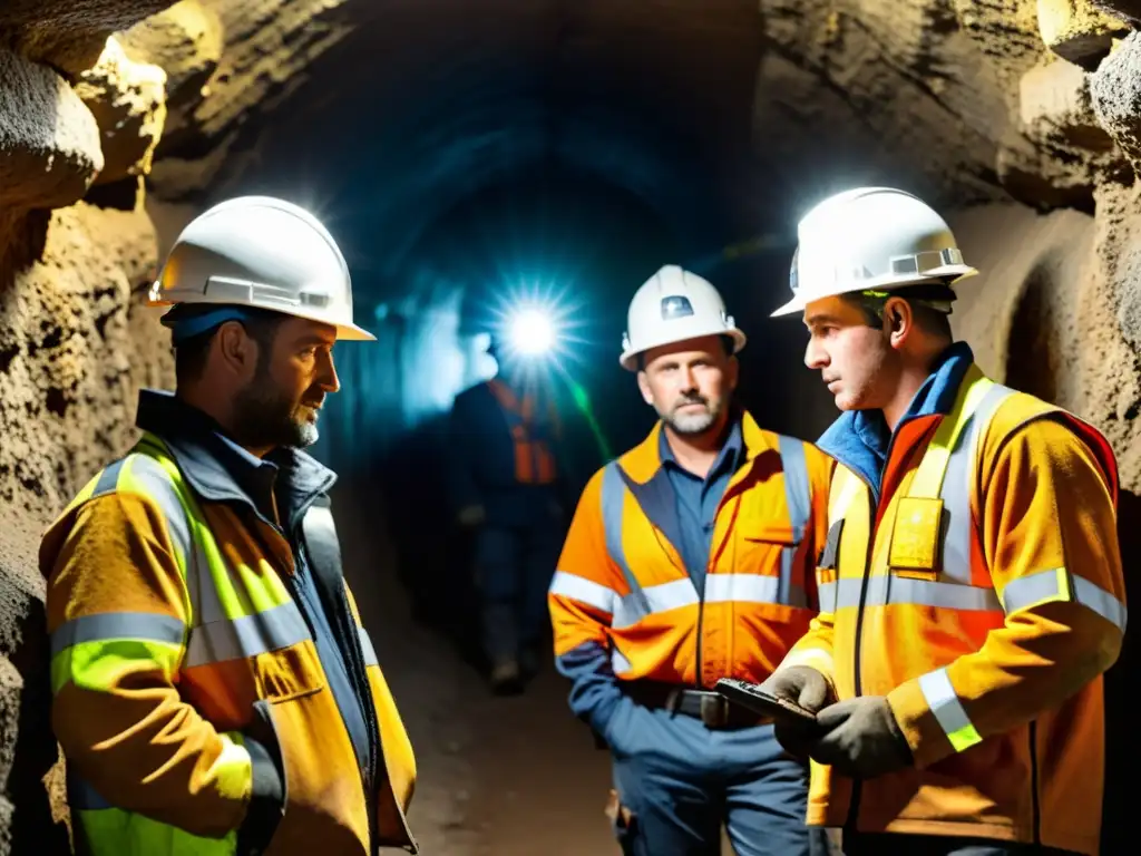 Un grupo de mineros usa los mejores walkie talkies para minería, comunicándose en un túnel oscuro y peligroso