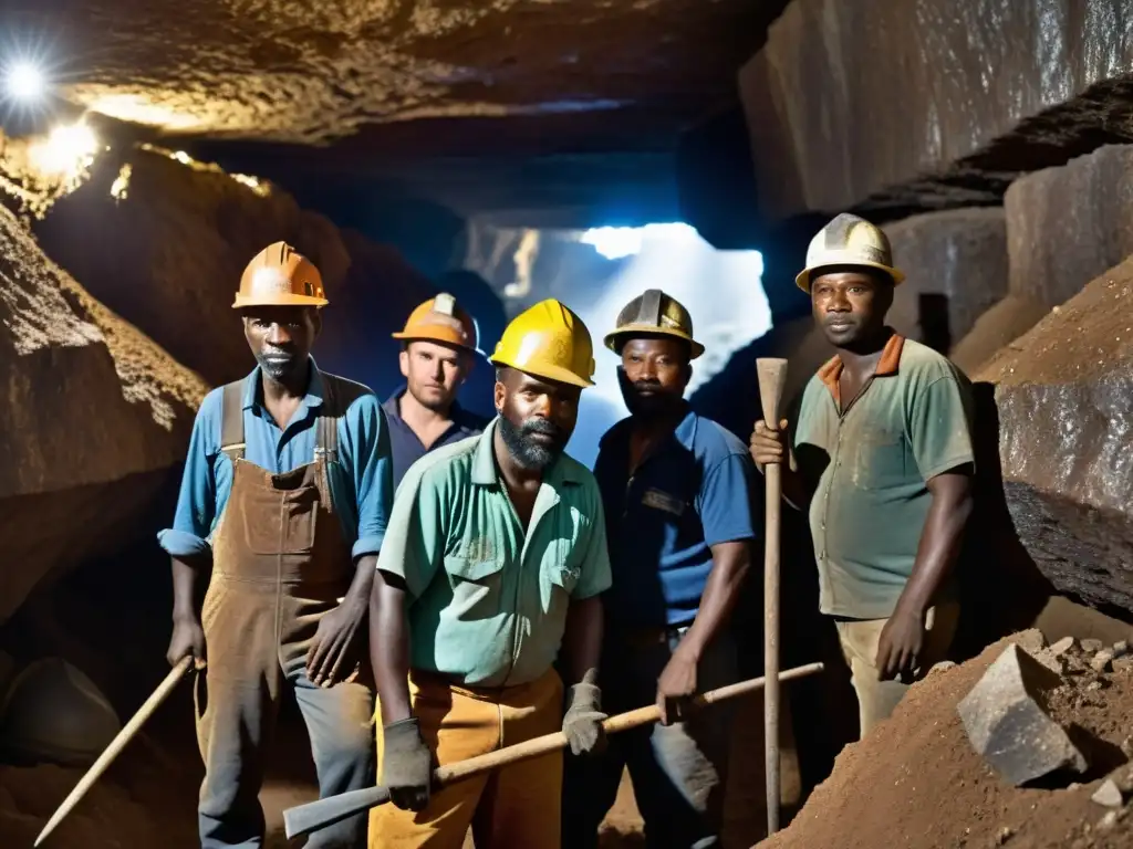 Un grupo de mineros en una mina de gemas, reflejando la dura realidad del trabajo