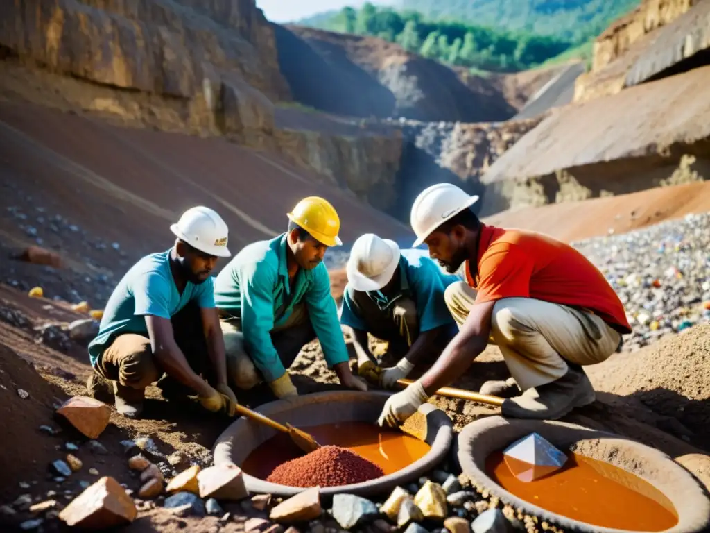 Un grupo de mineros trabajando en una mina de gemas, mostrando la intensidad del proceso y la belleza natural de las piedras preciosas