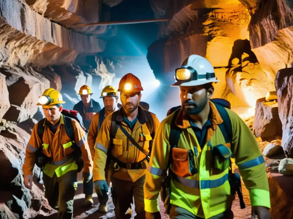 Grupo de mineros explorando una mina oscura con mochilas de almacenamiento