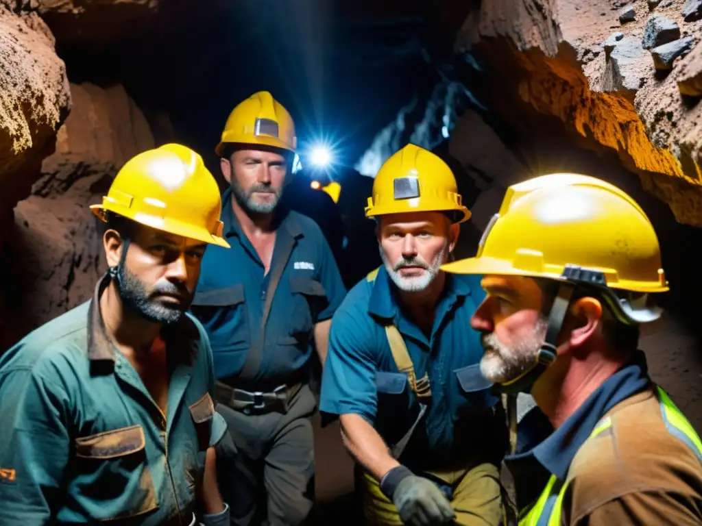 Grupo de mineros desciende con determinación y precaución en una mina oscura, iluminando vetas de uranio