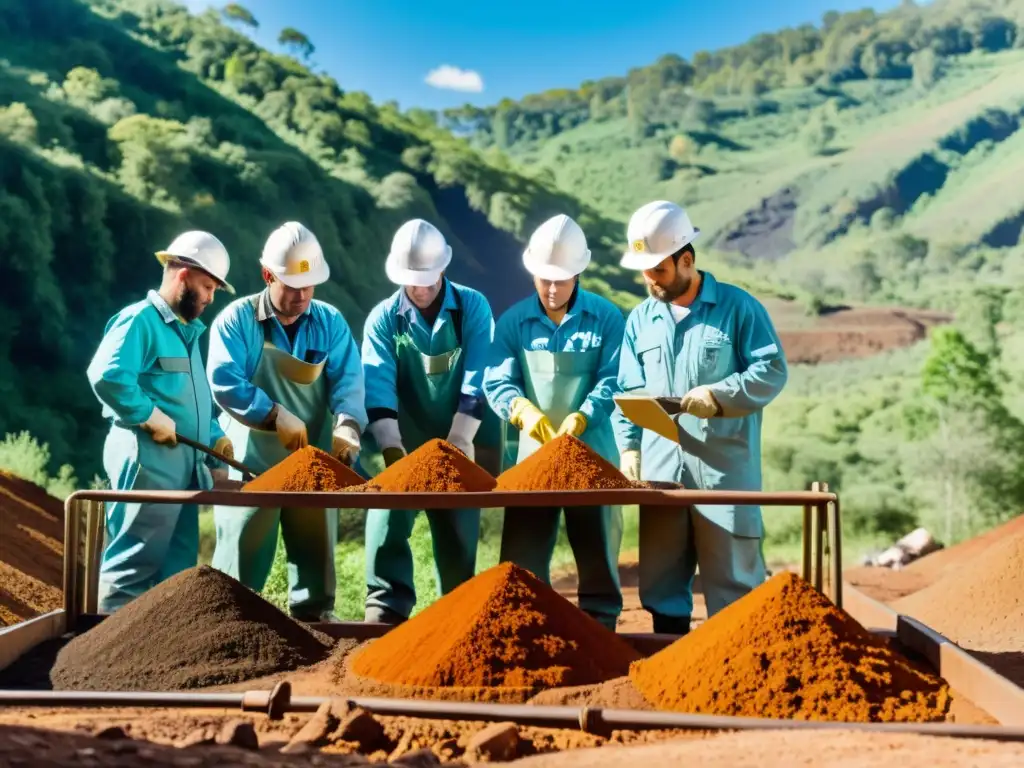 Un grupo de mineros trabaja en una mina sostenible, extrayendo minerales con cuidado y responsabilidad, rodeados de naturaleza exuberante