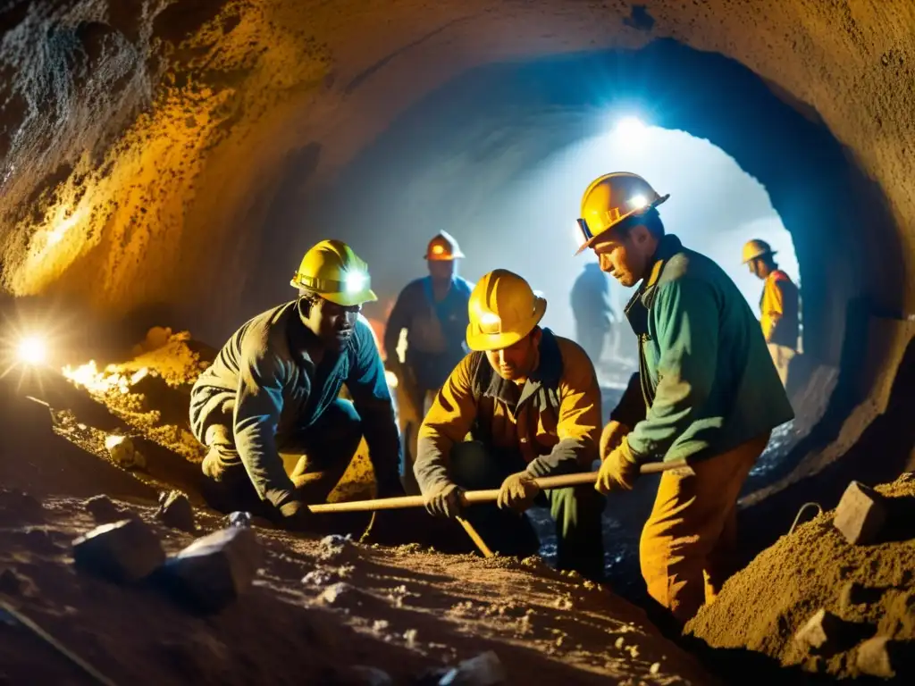 Un grupo de mineros extrae minerales en un túnel subterráneo, mostrando la dura realidad de la industria minera