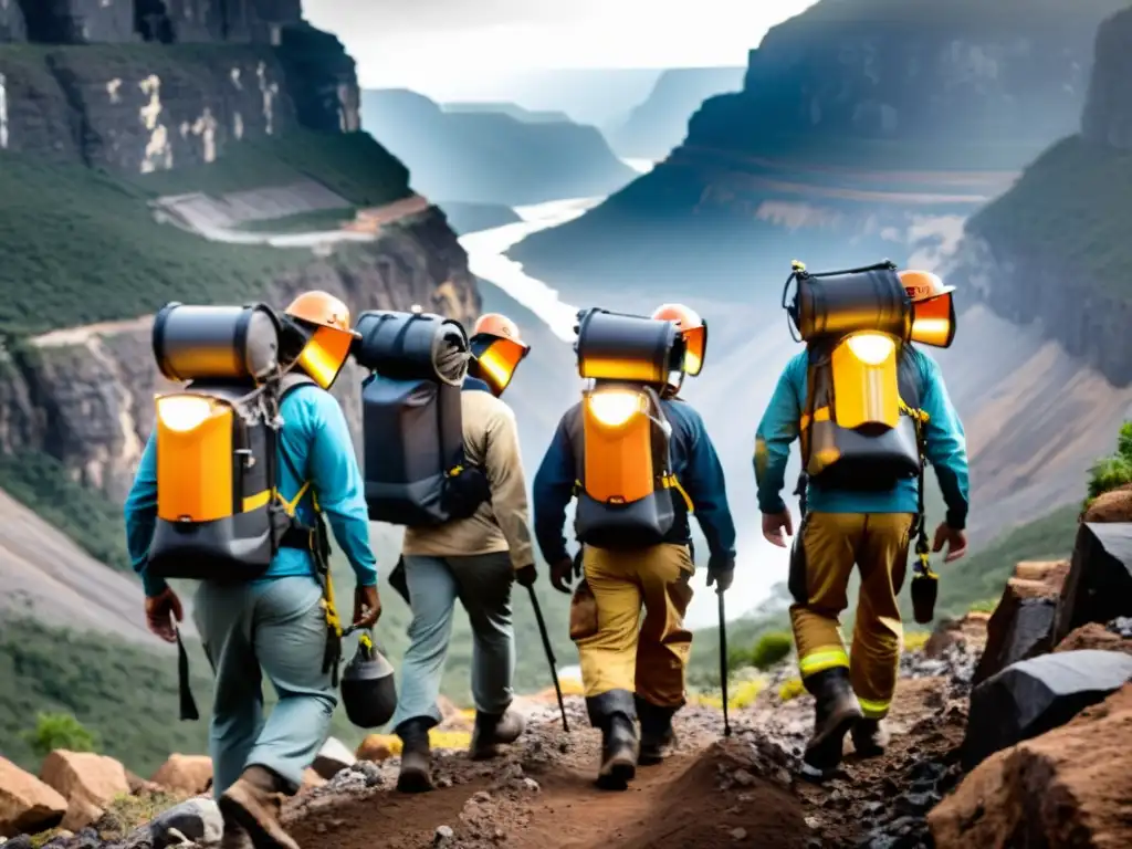 Un grupo de mineros con mochilas de almacenamiento en una expedición minera en terreno montañoso