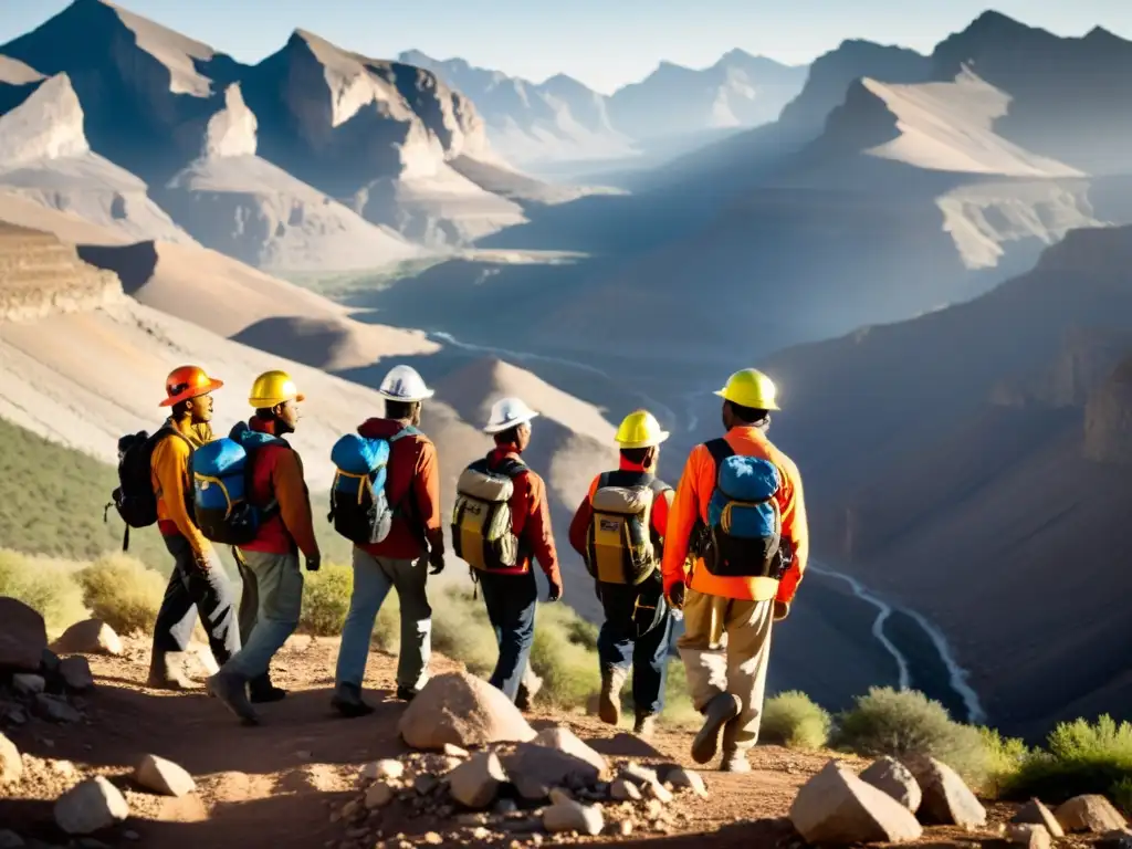 Un grupo de mineros con mochilas pesadas y lámparas en la cabeza, atraviesan terreno rocoso entre montañas al amanecer