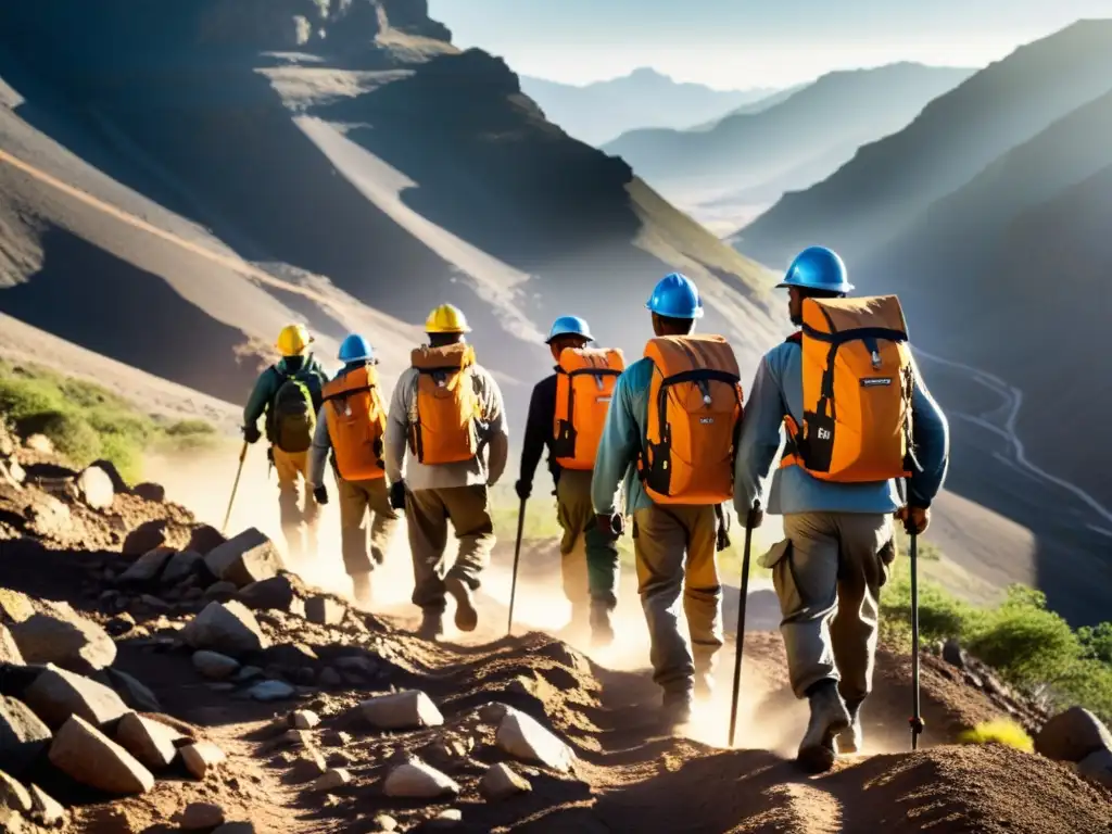 Grupo de mineros con mochilas resistente y funcional, navegando terreno montañoso