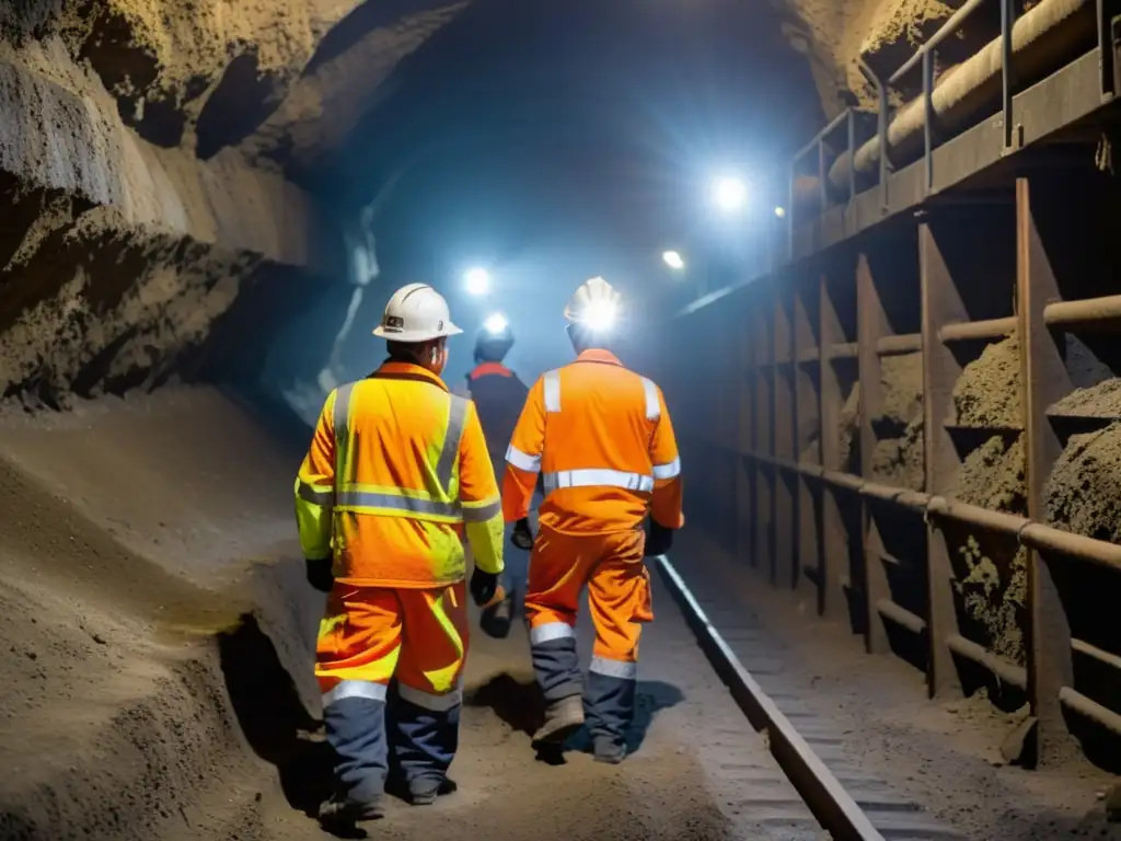 Un grupo de mineros con monos de trabajo seguros y cómodos, cascos y linternas, navegando por una mina subterránea