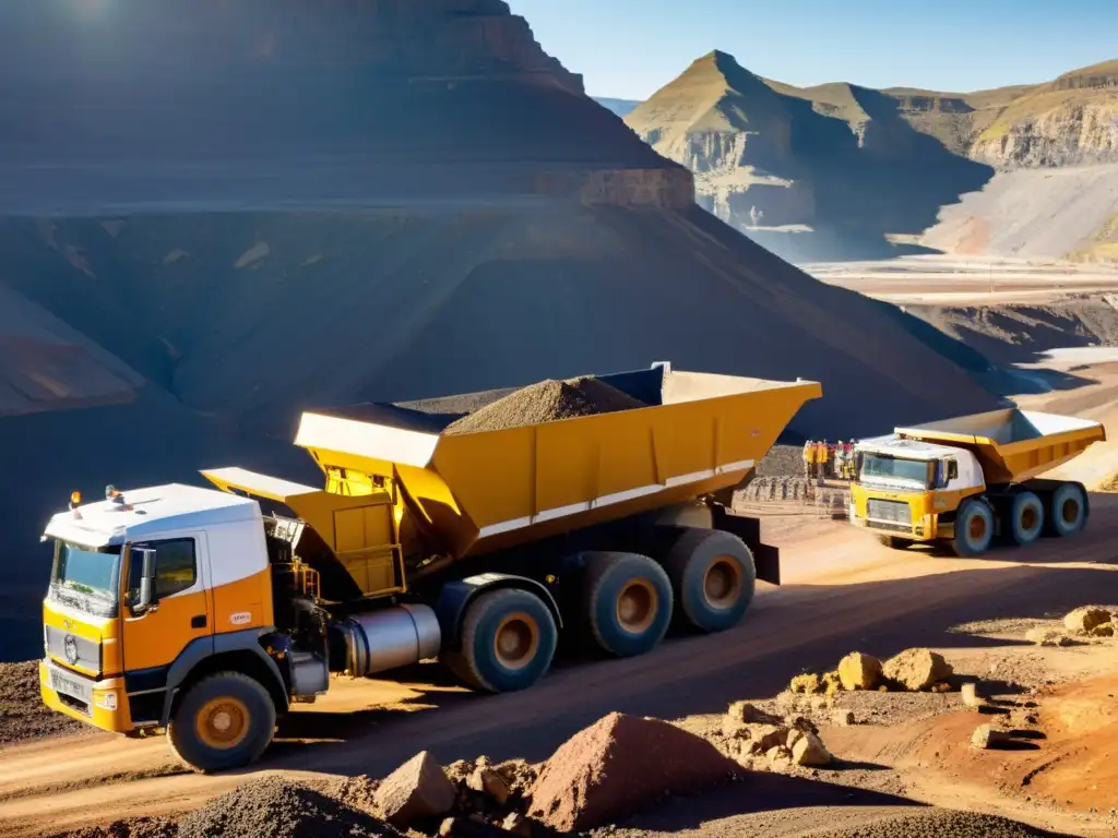 Un grupo de mineros examina muestras de mineral frente a un gran camión minero en un impresionante paisaje montañoso