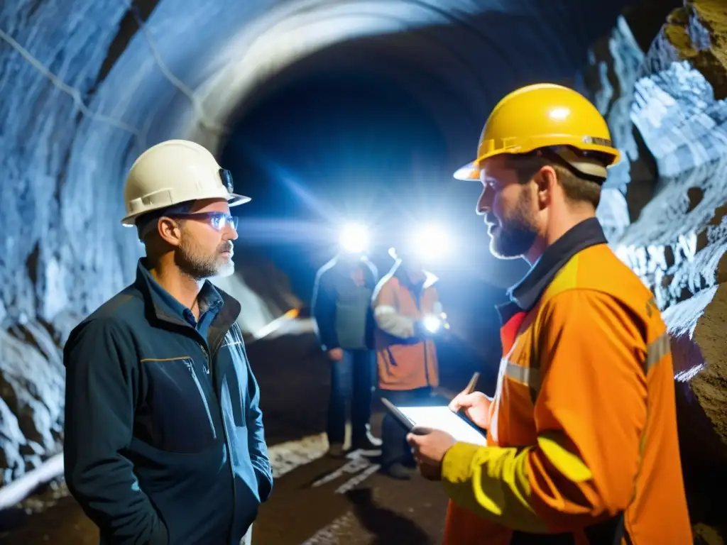 Un grupo de geólogos y mineros examina muestras en un túnel subterráneo con lámparas frontales, concentración intensa y ambiente industrial