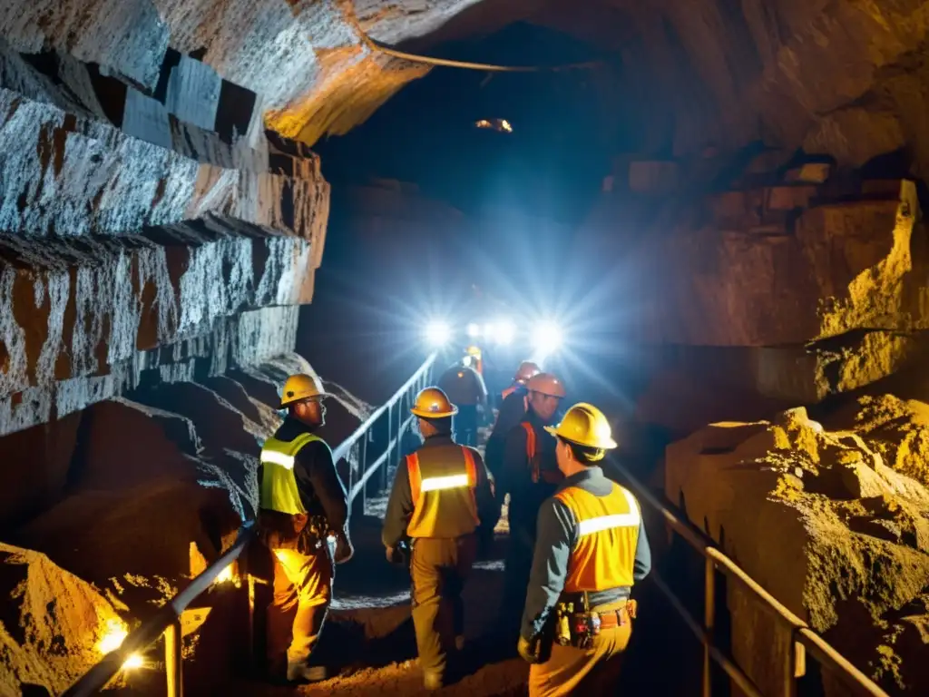 Un grupo de mineros desciende con determinación a una oscura mina, rodeados de destellos metálicos de equipos mineros