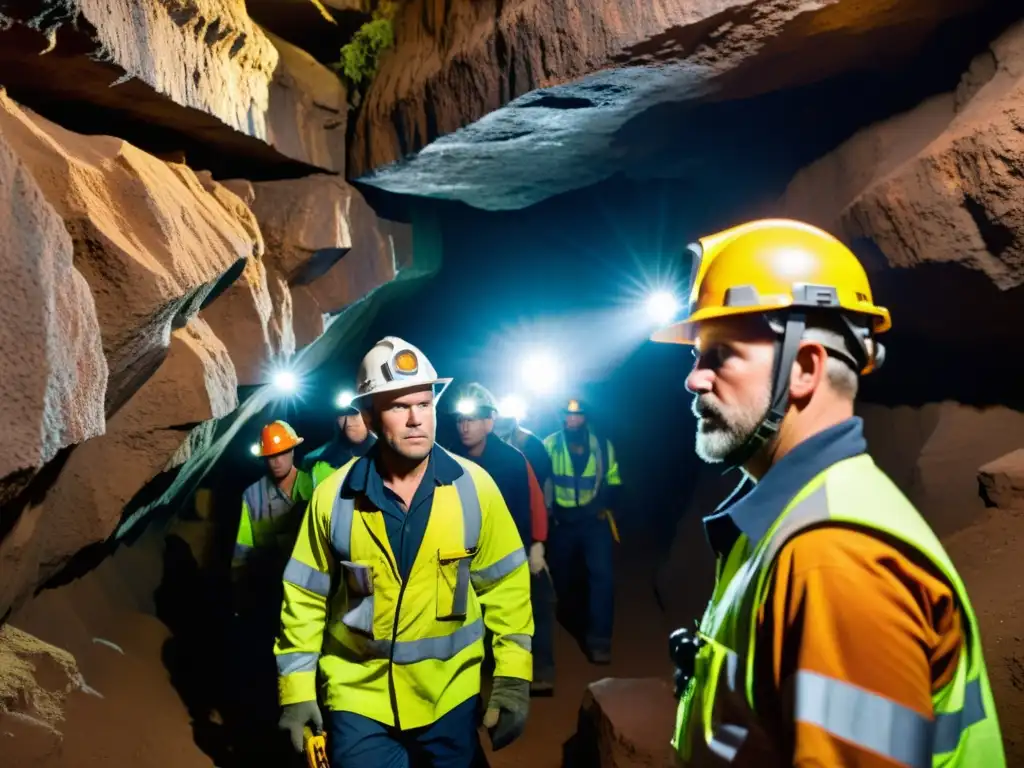 Un grupo de mineros desciende con determinación a una oscura mina, iluminando el terreno rocoso con sus lámparas frontales