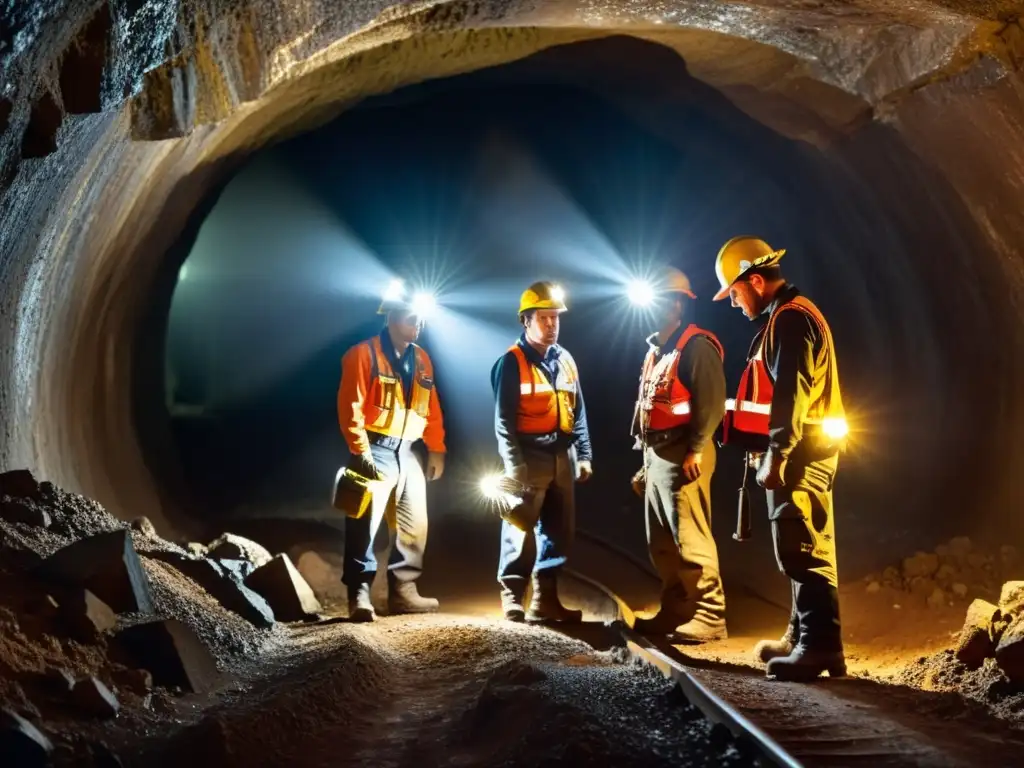 Grupo de mineros trabajando en la oscura y polvorienta mina, iluminando con sus lámparas de cabeza mientras extraen minerales