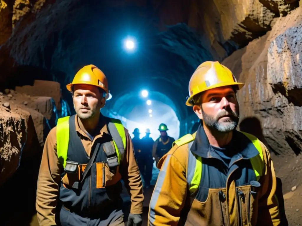 Un grupo de mineros desciende a un oscuro túnel de mina con los mejores cascos de ventilación para protección, iluminando su determinación