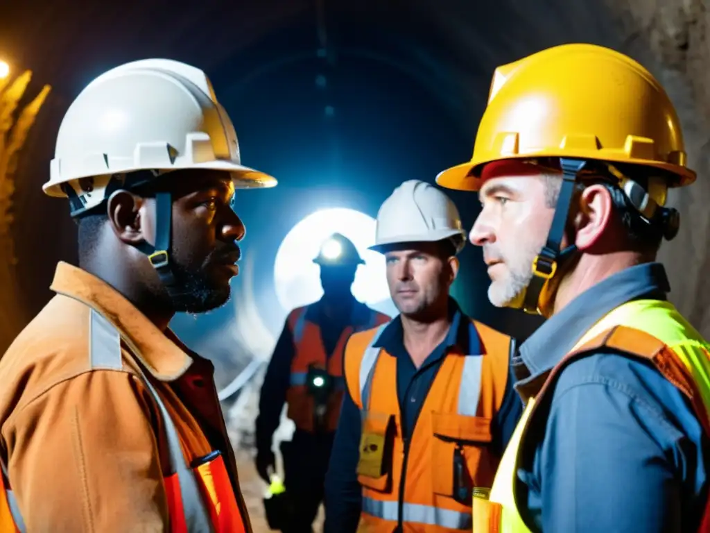 Un grupo de mineros comunicándose con walkie talkies en un oscuro túnel de mina