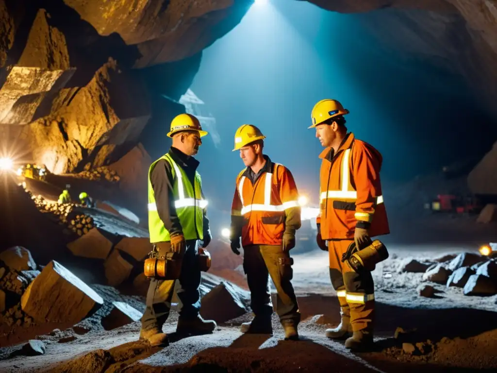 Un grupo de mineros inspecciona una perforadora minera en un entorno oscuro, destacando la importancia de las medidas preventivas derrames mineros