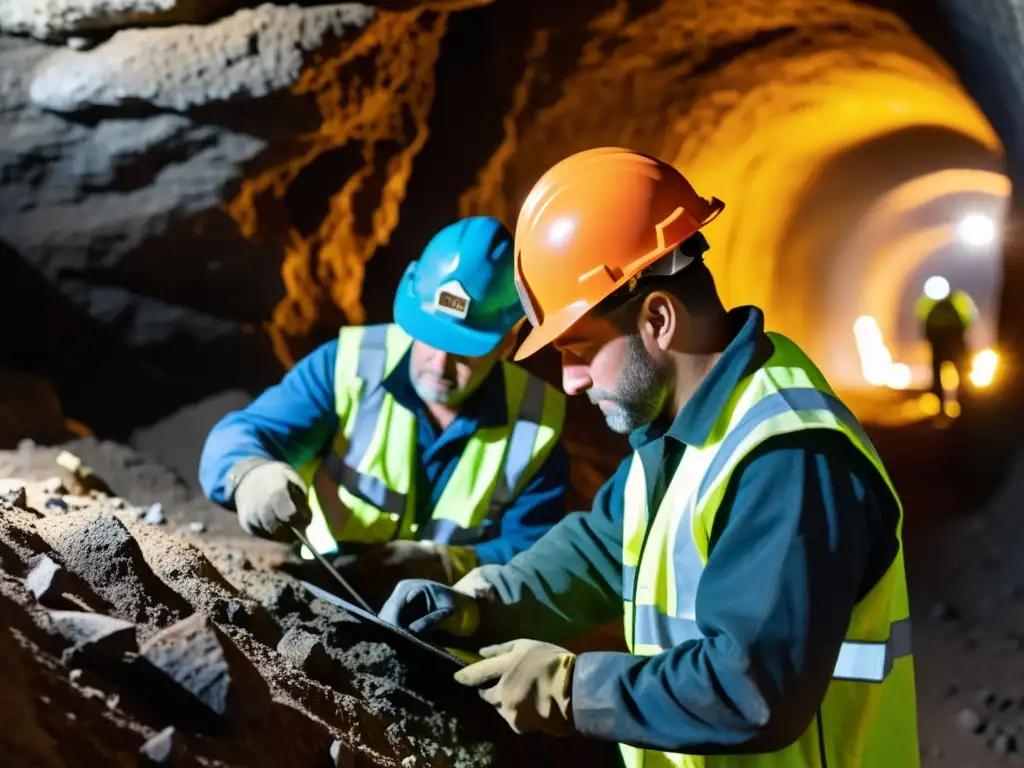 Un grupo de mineros inspecciona minuciosamente picos de minería para durabilidad y eficiencia en una mina subterránea