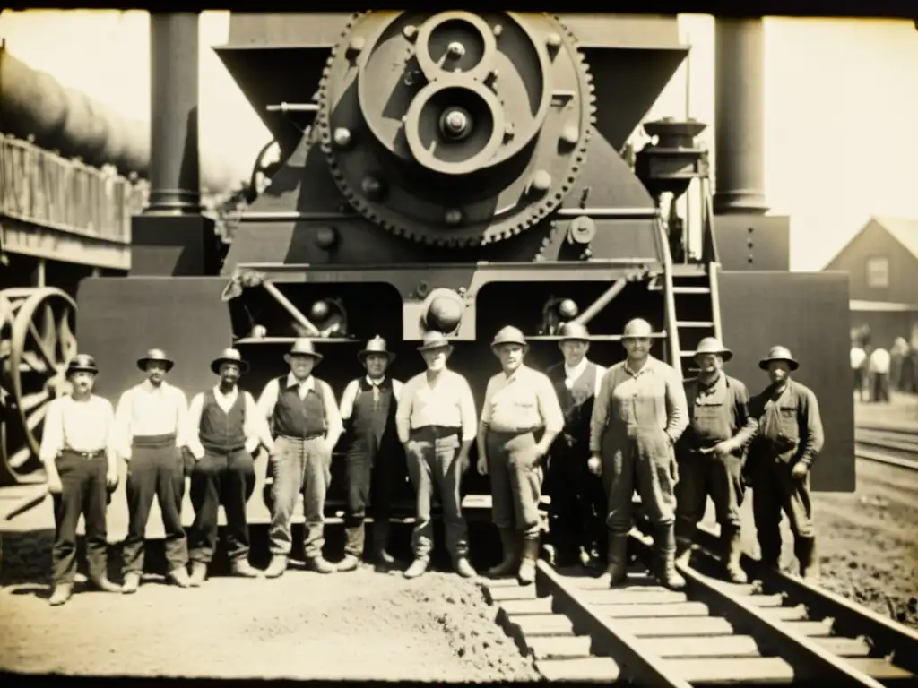 Un grupo de mineros de principios del siglo XX posa orgulloso y agotado junto a una imponente máquina de perforación