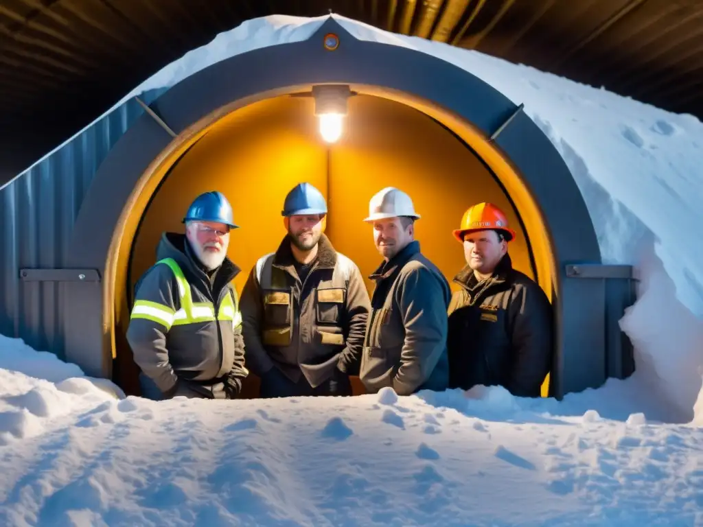 Un grupo de mineros resguardados en un refugio resistente en un paisaje nevado, destacando la importancia de los refugios para campamentos mineros