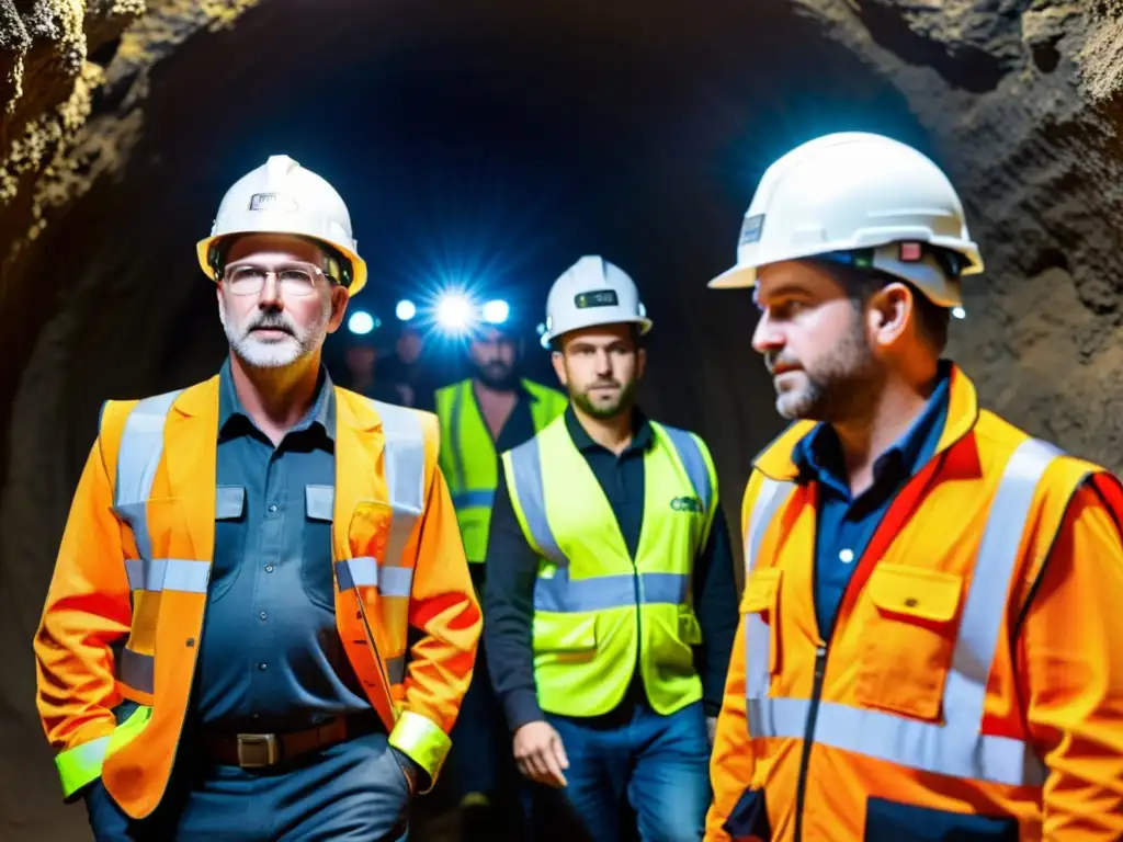 Un grupo de mineros con sistemas avanzados de seguridad minera, navegando en un túnel subterráneo con determinación y concentración