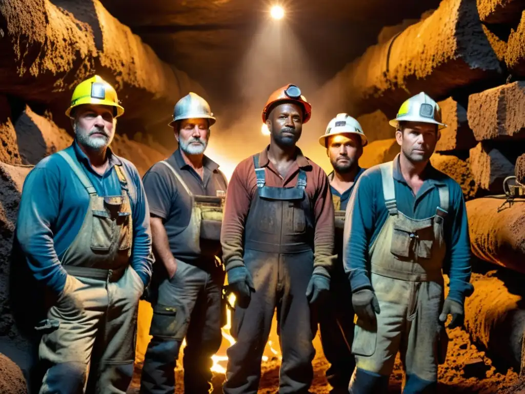 Un grupo de mineros subterráneos, con rostros sucios y sudorosos, iluminados por lámparas de cabeza, trabajan en el corazón de la tierra