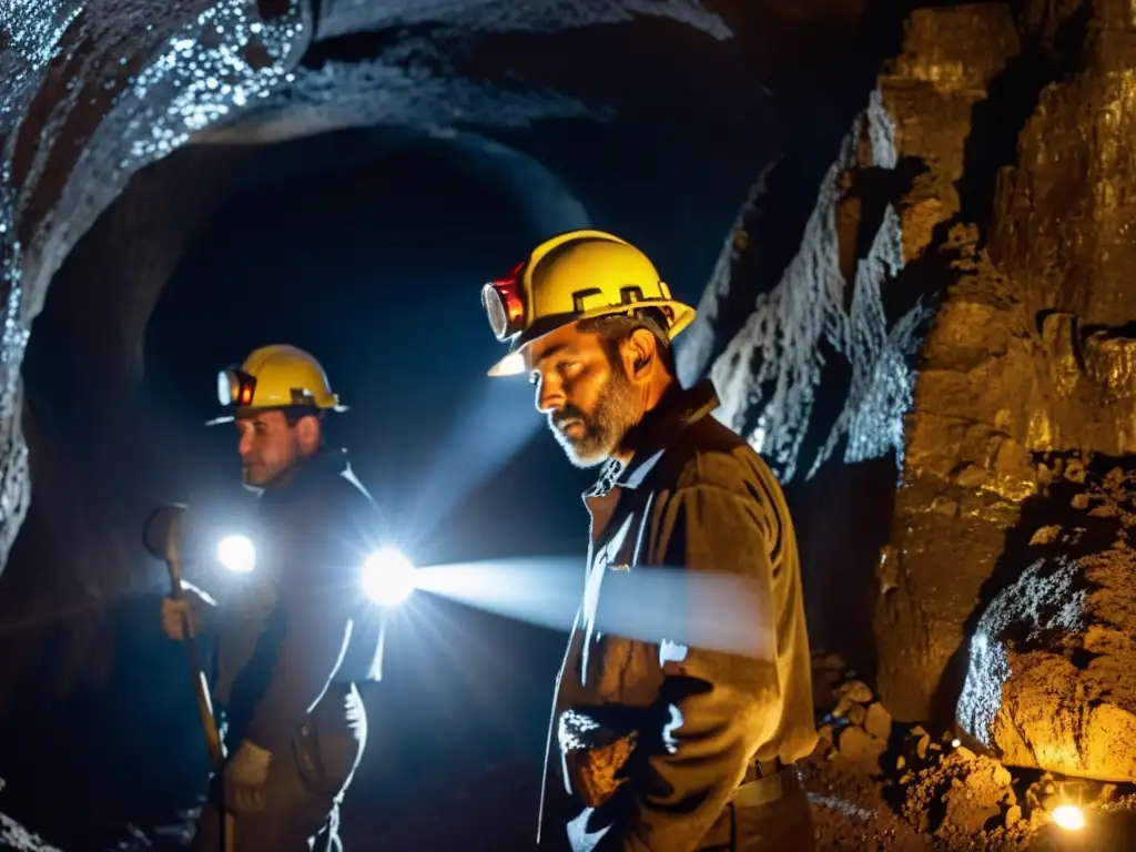 Un grupo de mineros subterráneos iluminando túneles oscuros con linternas