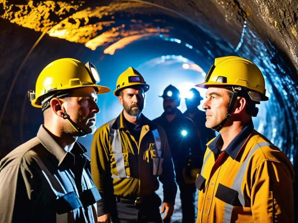 Un grupo de mineros desciende con determinación y tecnología avanzada en una mina oscura, destacando la seguridad minera