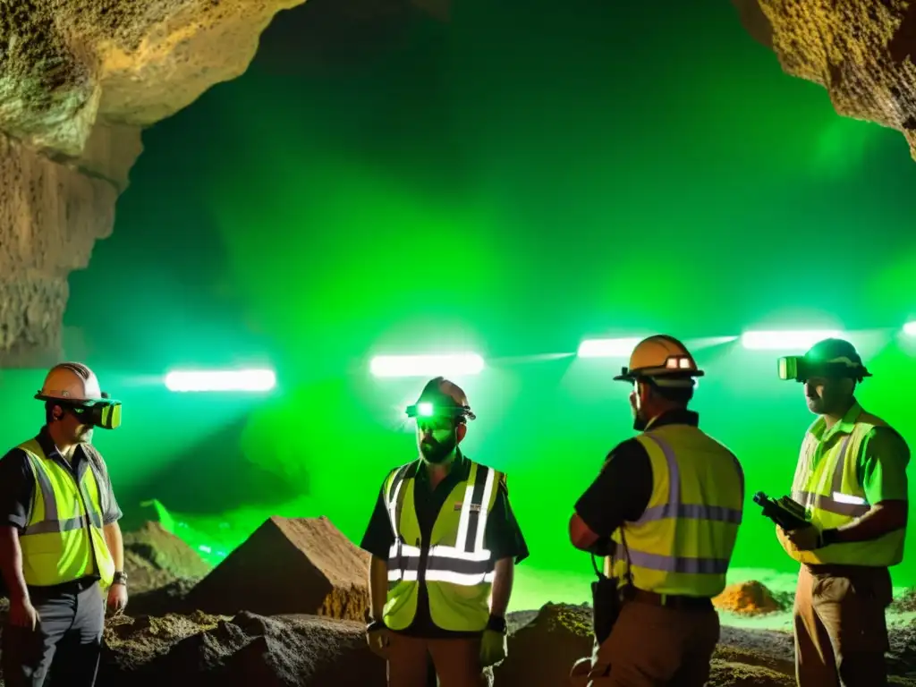 Un grupo de mineros en un túnel oscuro, usando visores nocturnos para minería