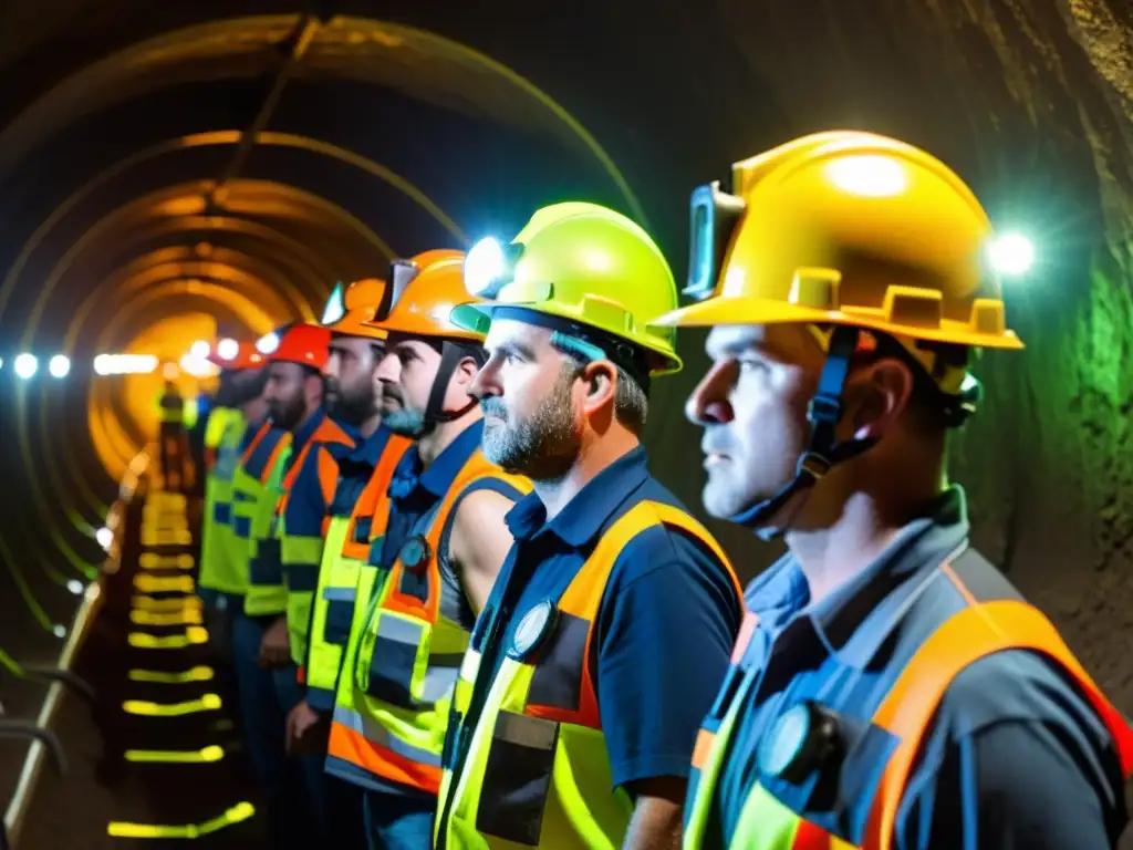 Un grupo de mineros en un túnel subterráneo iluminado con potentes luces LED en sus cascos de mejor ventilación y protección