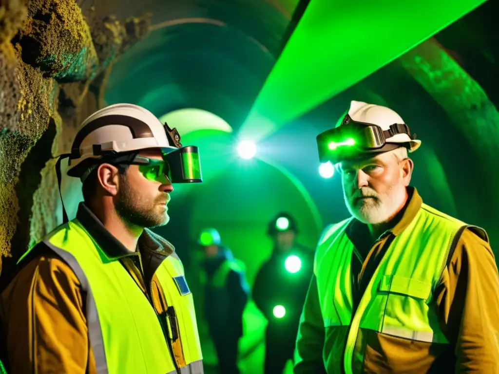 Un grupo de mineros usando visores nocturnos para minería, iluminados por el brillo verde en un túnel subterráneo oscuro y rugoso