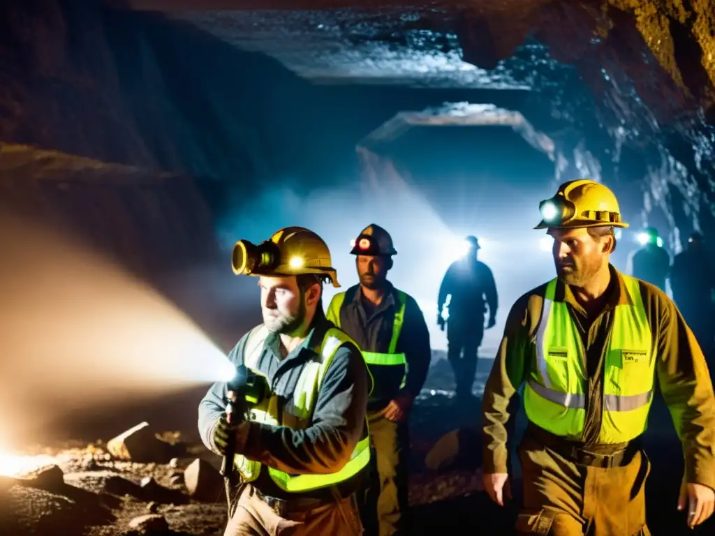 Un grupo de mineros utiliza visores nocturnos para minería en una oscura mina subterránea, destacando contra el entorno oscuro y desafiante