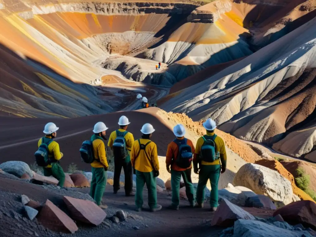 Un grupo de geólogos y mineros exploran un yacimiento mineral en una remota área montañosa