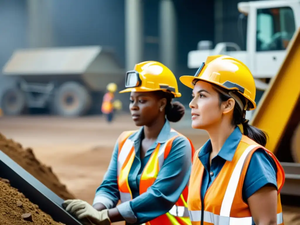 Un grupo de mujeres en la industria minera, operando maquinaria pesada en una instalación moderna