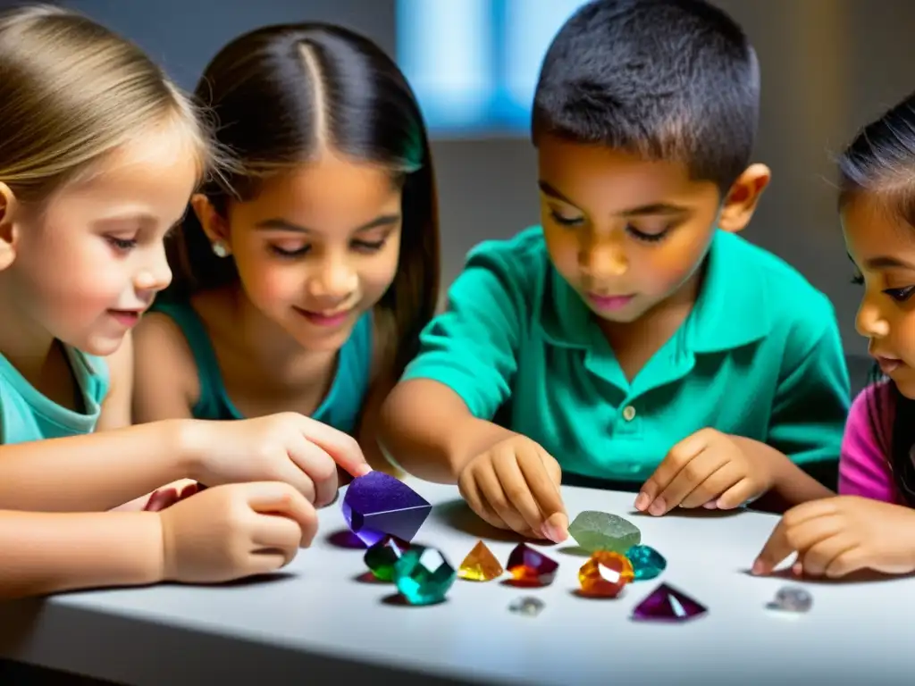 Un grupo de niños examina con atención y entusiasmo gemas coloridas en un taller de gemología