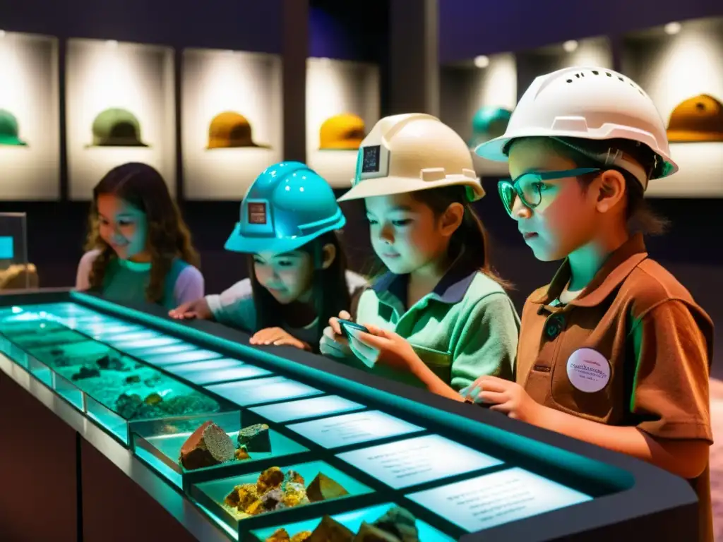 Grupo de niños con cascos y lupa examinando minerales coloridos en exposición interactiva para niños, radiando asombro y descubrimiento