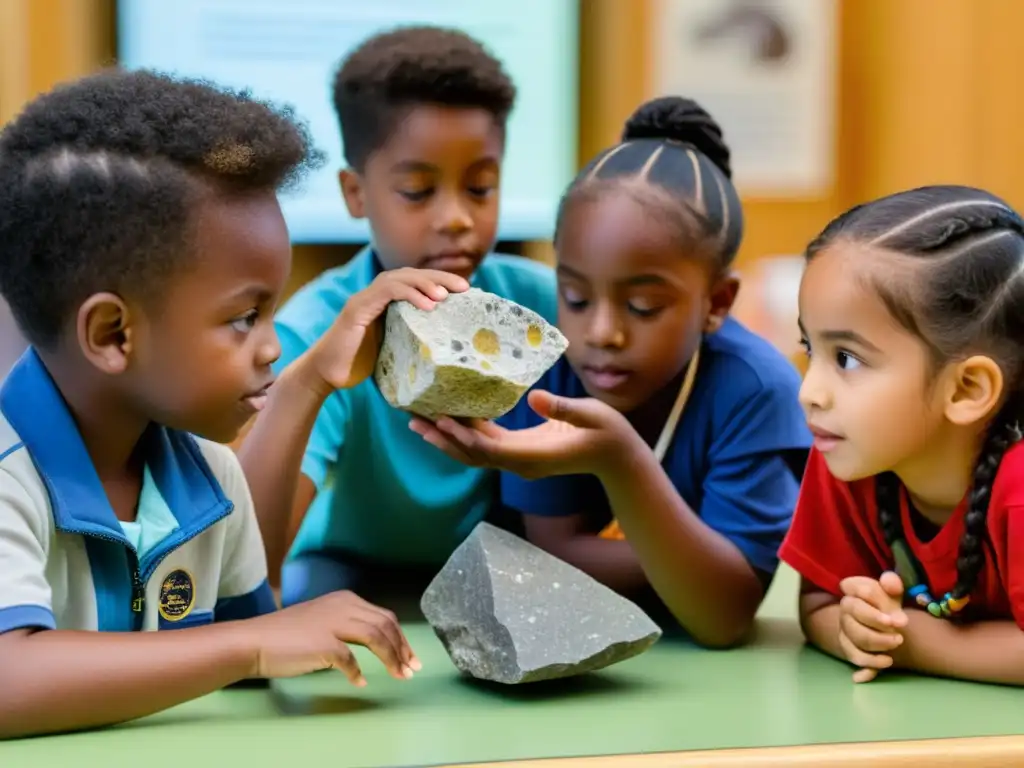 Un grupo de niños emocionados escuchando a un geólogo enseñar sobre rocas