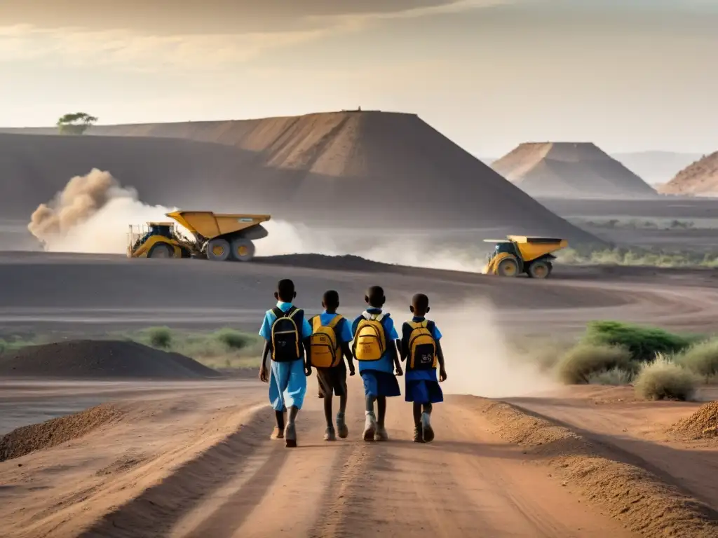 Grupo de niños escolares caminando por un polvoriento camino, con una gran operación minera en el fondo