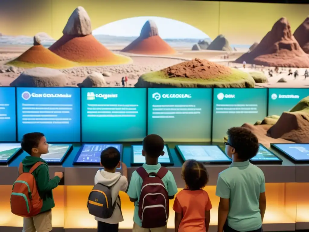 Grupo de niños y jóvenes entusiasmados explorando publicaciones didácticas de geología en un museo de ciencias