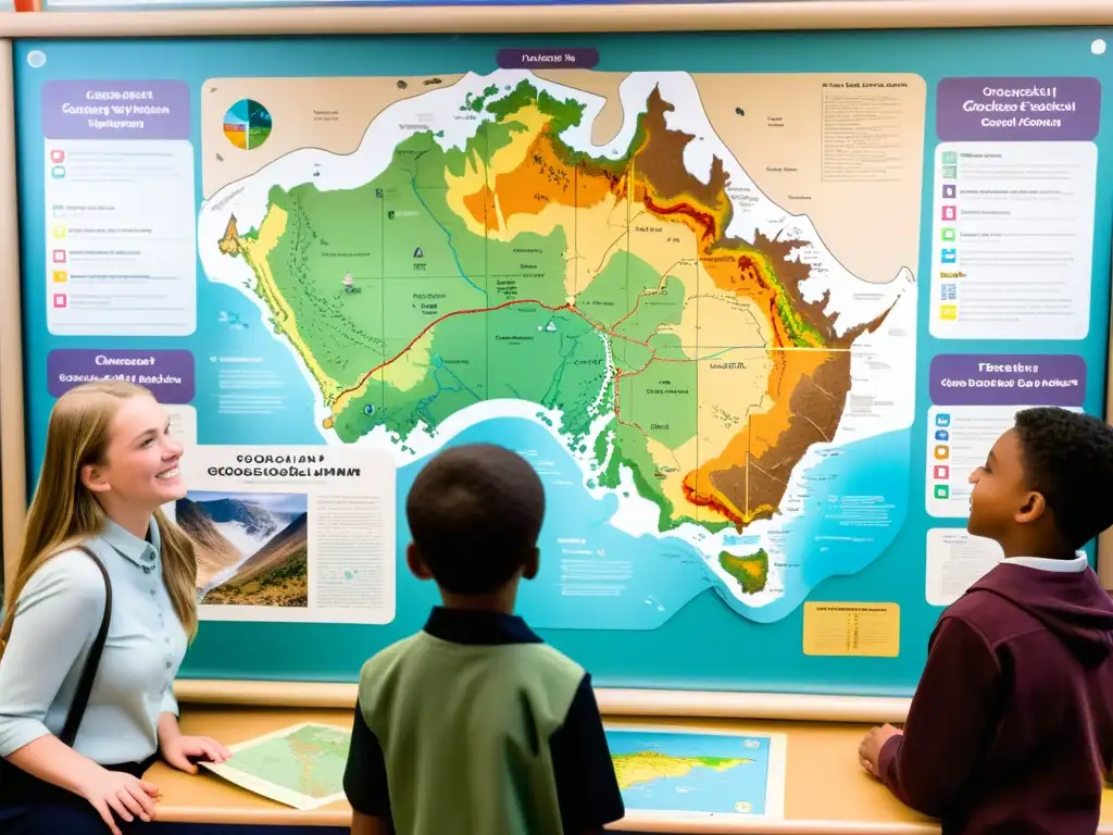 Grupo de niños y jóvenes explorando un mapa geológico detallado en un aula iluminada