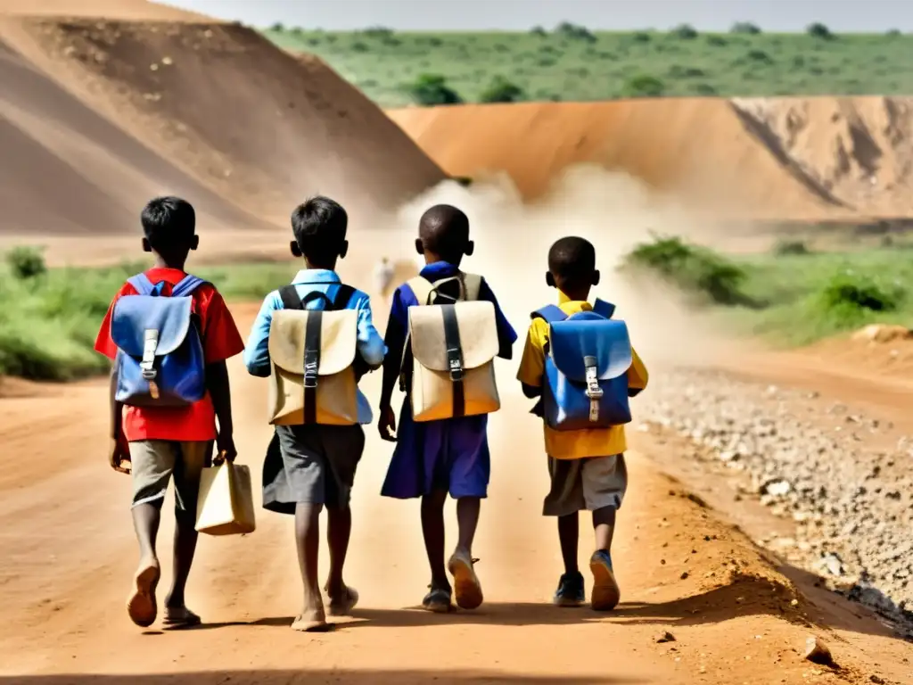 Un grupo de niños con mochilas desgastadas y cuadernos deteriorados camina por un camino polvoriento, con una gran mina al fondo