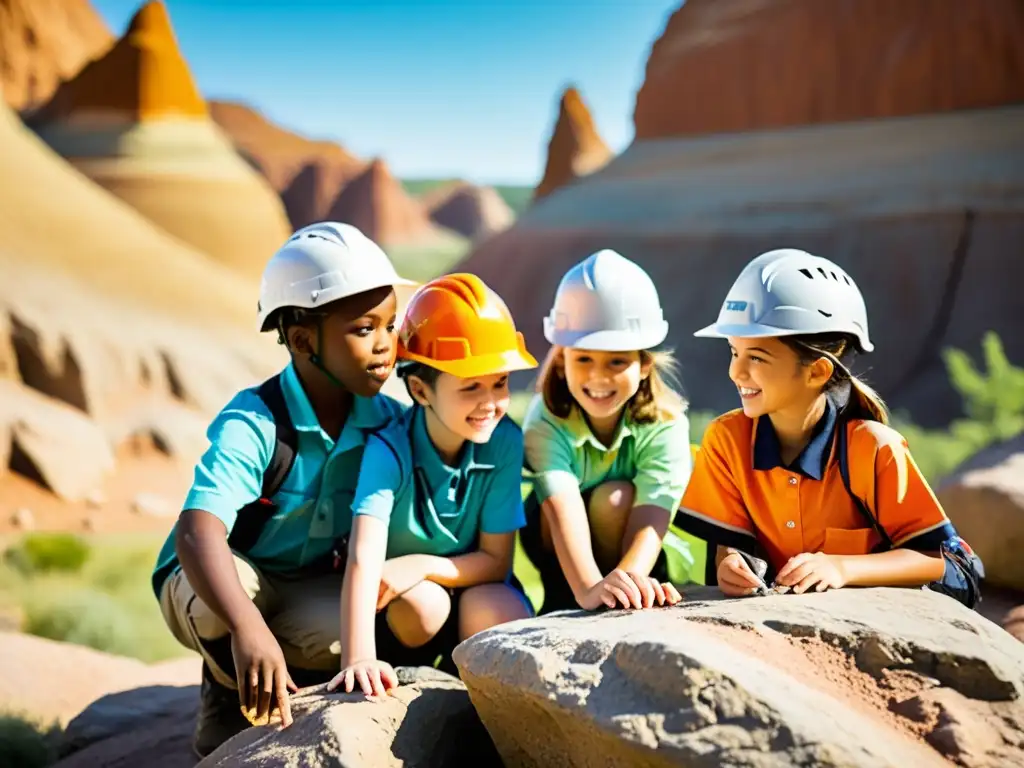 Grupo de niños explorando rocas con guía geólogo