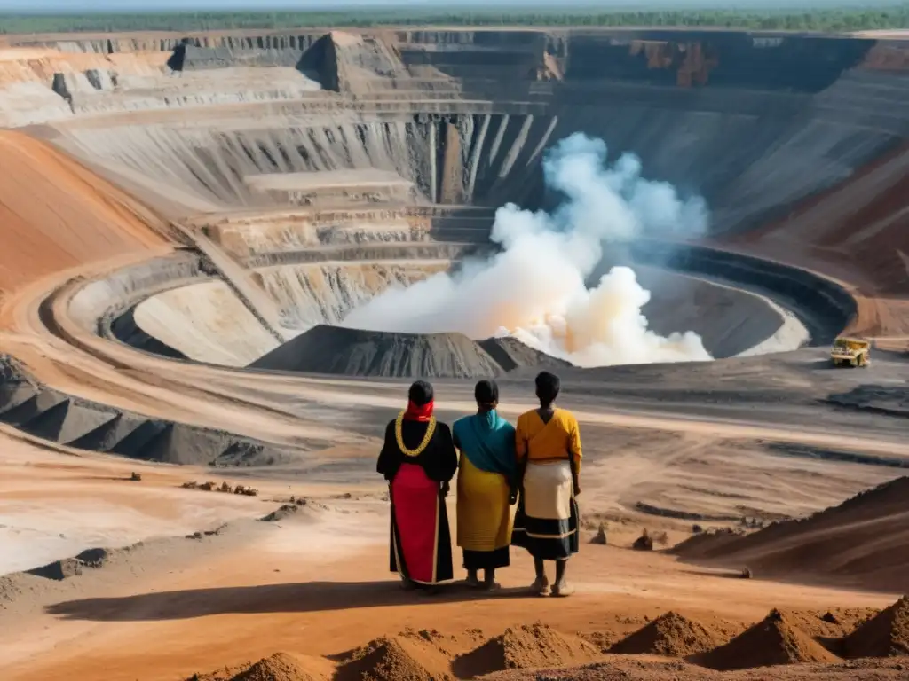 Un grupo de personas indígenas mira con preocupación una mina a cielo abierto, representando conflictos éticos en la inversión de minerales