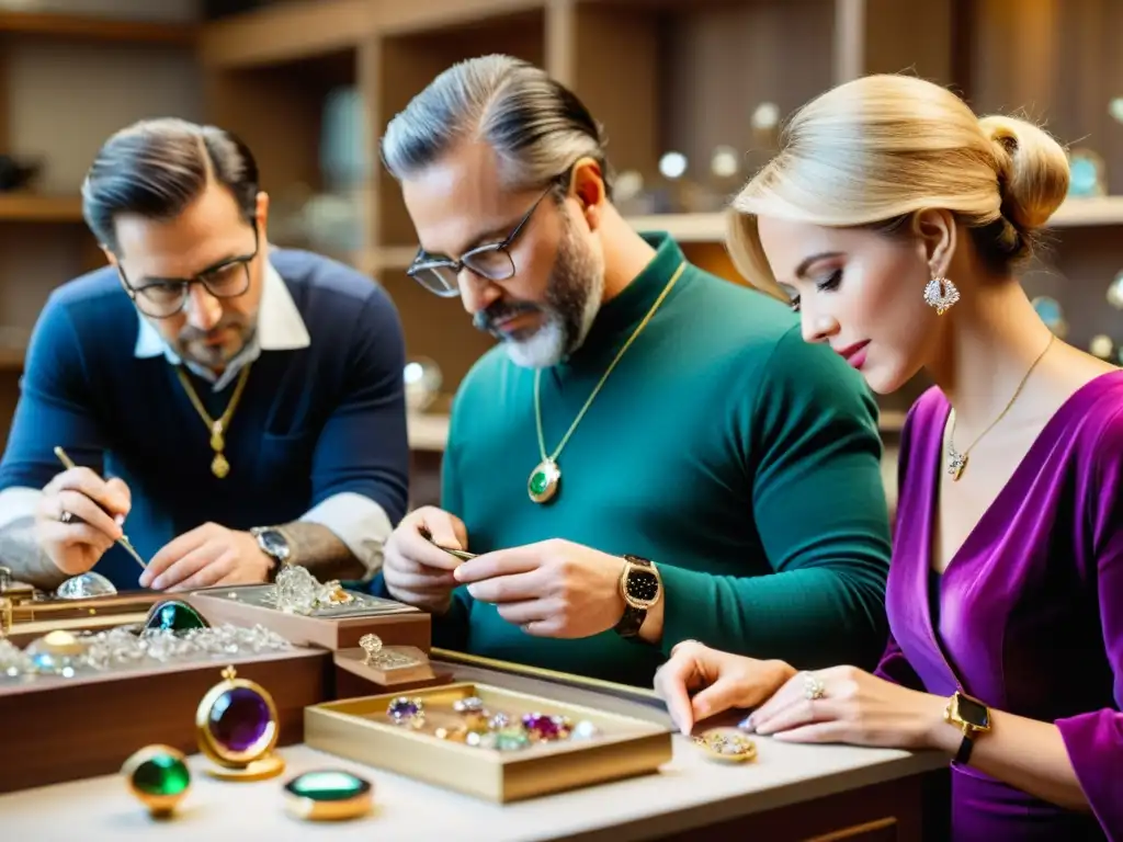 Un grupo de reconocidos diseñadores y gemólogos examinan meticulosamente joyas en un taller sofisticado, rodeados de herramientas y gemas