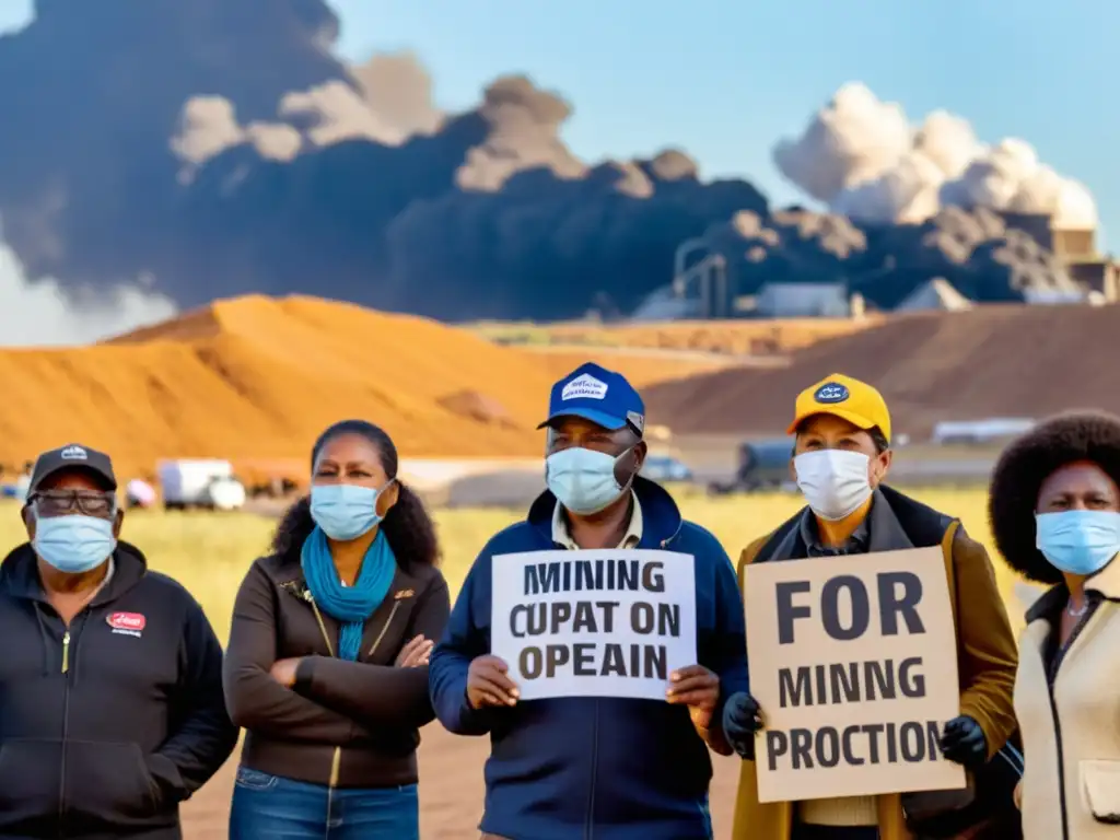 Grupo de residentes locales con máscaras protectoras protestando por los efectos de la extracción minera en la salud pública