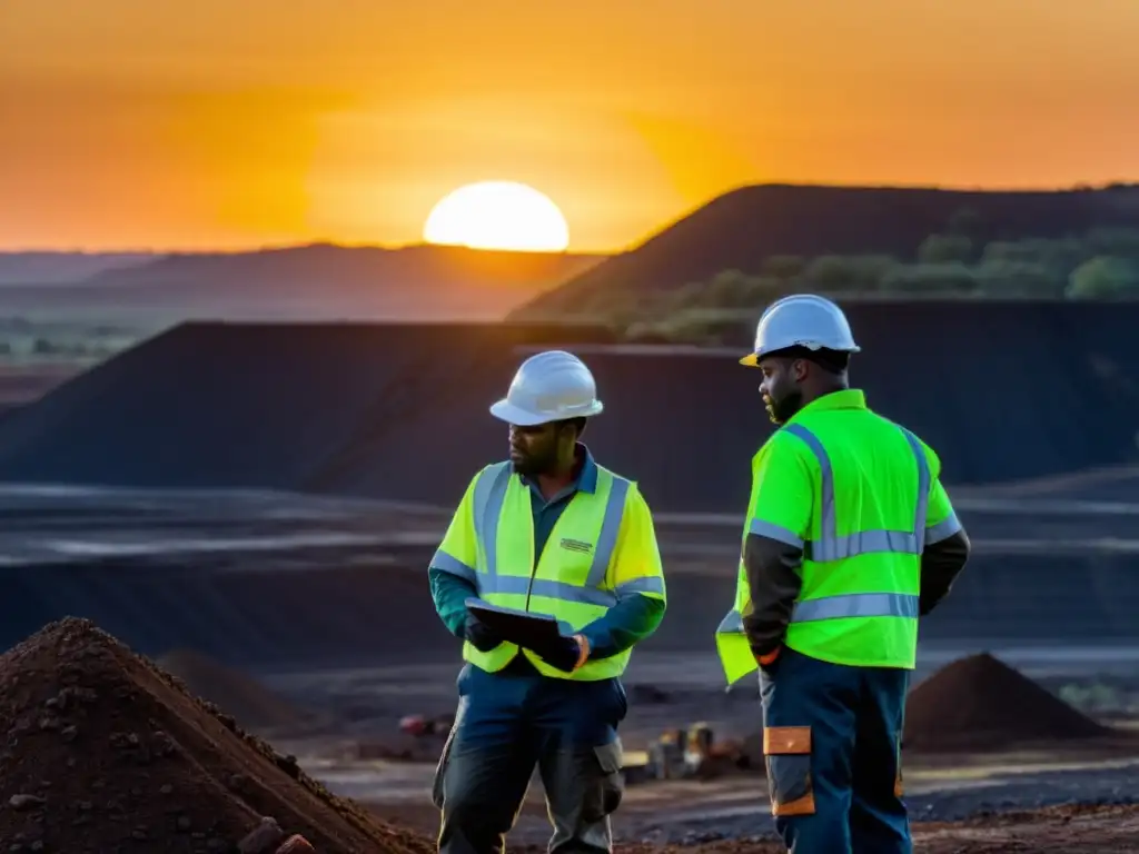 Un grupo de trabajadores inspecciona con cuidado un gran sitio minero recuperado al atardecer