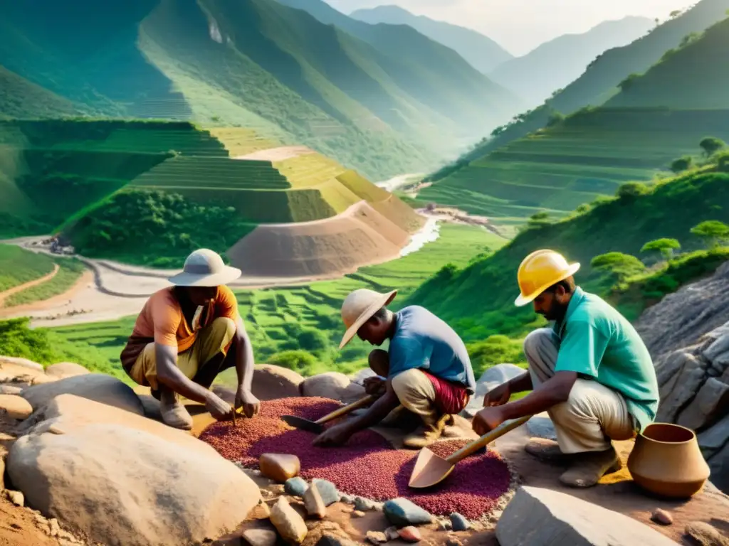 Grupo de trabajadores extrayendo gemas coloridas de terreno rocoso, evocando la ardua y cautivadora extracción de gemas antes era industrial