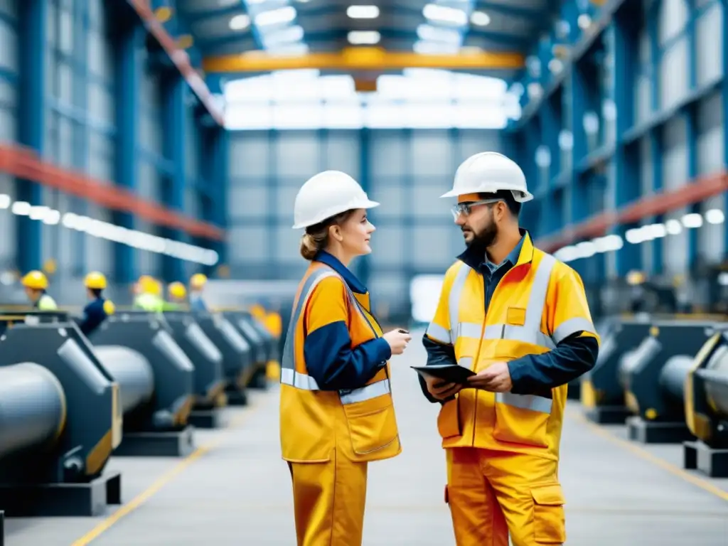 Un grupo de trabajadores con monos de trabajo seguros y cómodos, inspeccionando equipo industrial en una planta de fabricación