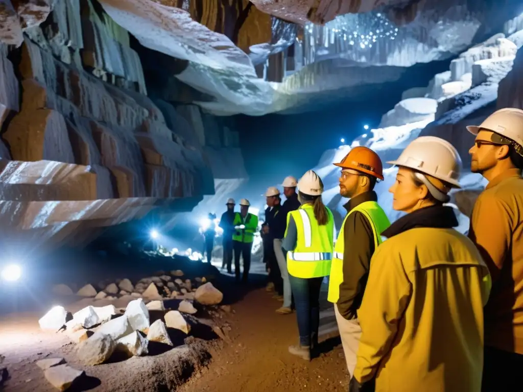 Grupo de turistas explorando mina de cuarzo histórica con guía