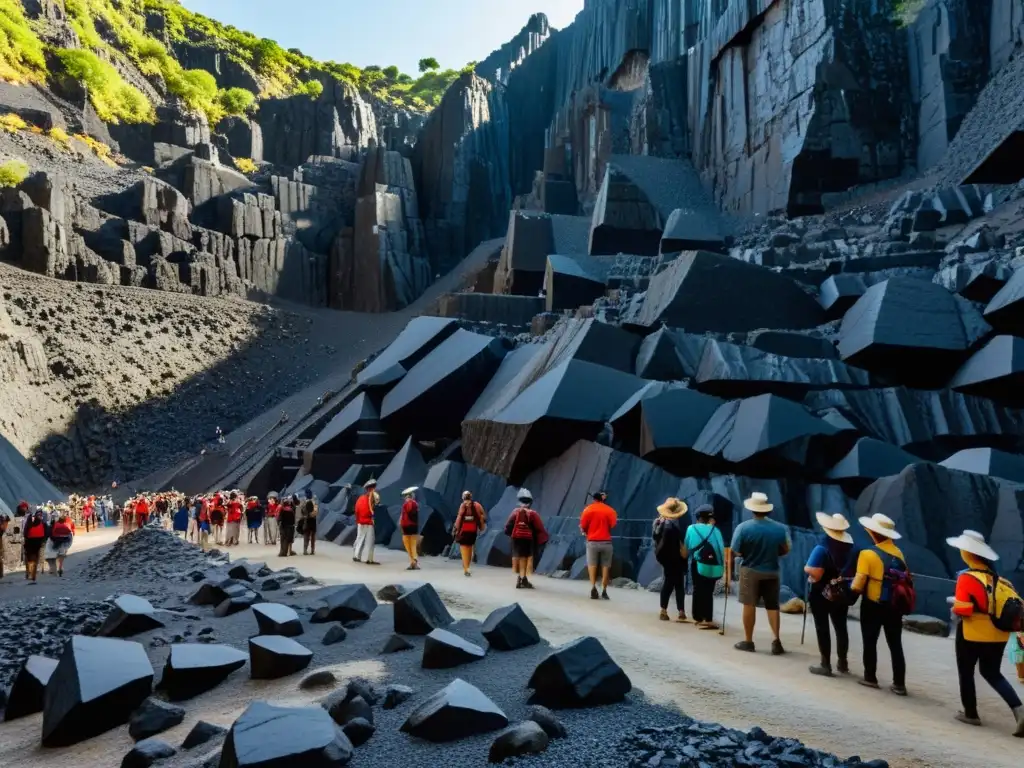 Grupo de turistas explorando las minas de obsidiana mientras un guía local les muestra las leyendas mitológicas talladas en las paredes