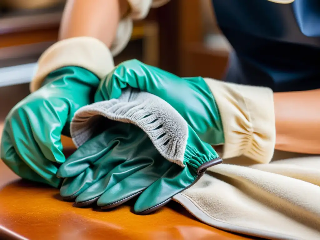 Guantes de trabajo para joyeros siendo cuidadosamente limpiados y mantenidos, destacando la meticulosa atención al detalle en su mantenimiento