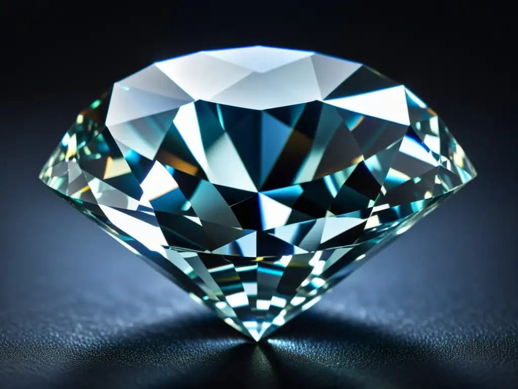 Una guía detallada para elegir diamante: un deslumbrante diamante radiante descansa sobre un cojín de terciopelo, mostrando sus intrincados facetados y juego de luces y colores en contraste con un fondo oscuro